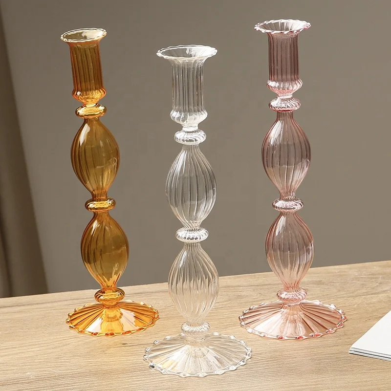 European-style Glass Candlestick Vase Luxury Crafts Table Glass Ornaments Candlestick Holder Retro Glass Candlestick Holder