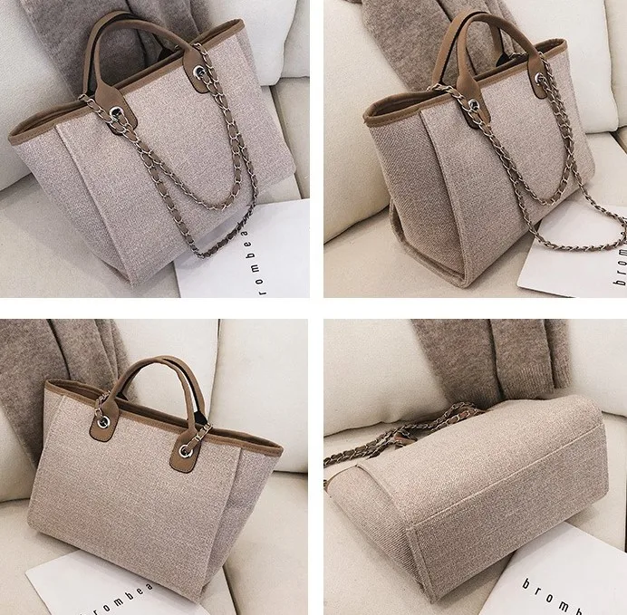 2021 China Factory Manufacturer Promotional New Designer Style Women Large Capacity Fashion Custom Logo Chain Canvas Tote Bag