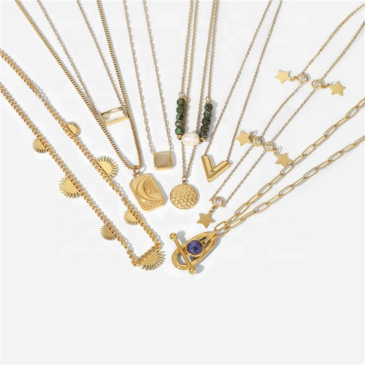 Fashion Jewelry Necklaces V Shape Double Layer Chain Moon Cubic Zirconia Necklace 14K Gold Plated Stainless Steel Star Necklace