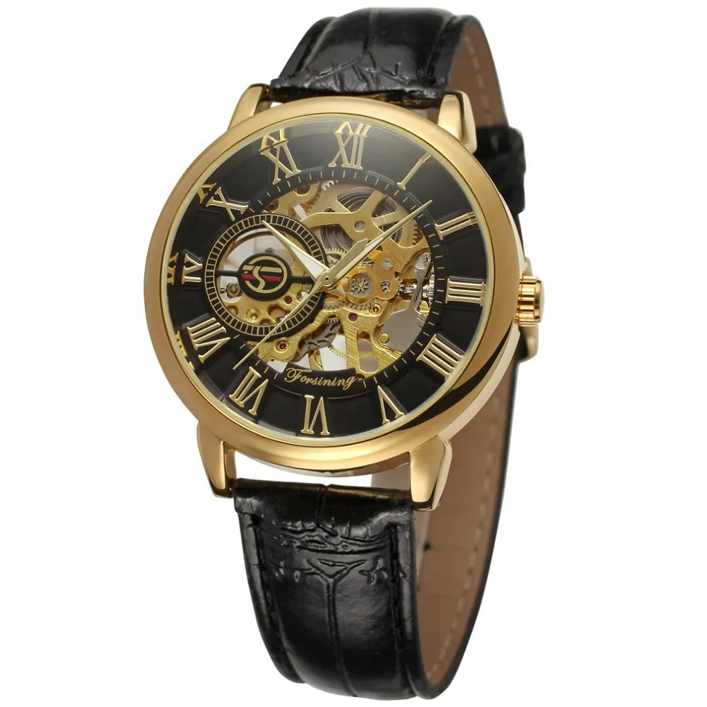 Men Luxury Mechanical Skeleton Watch Black Golden 3D Literal Design Wristwatch Forsining A099 Leather Watch