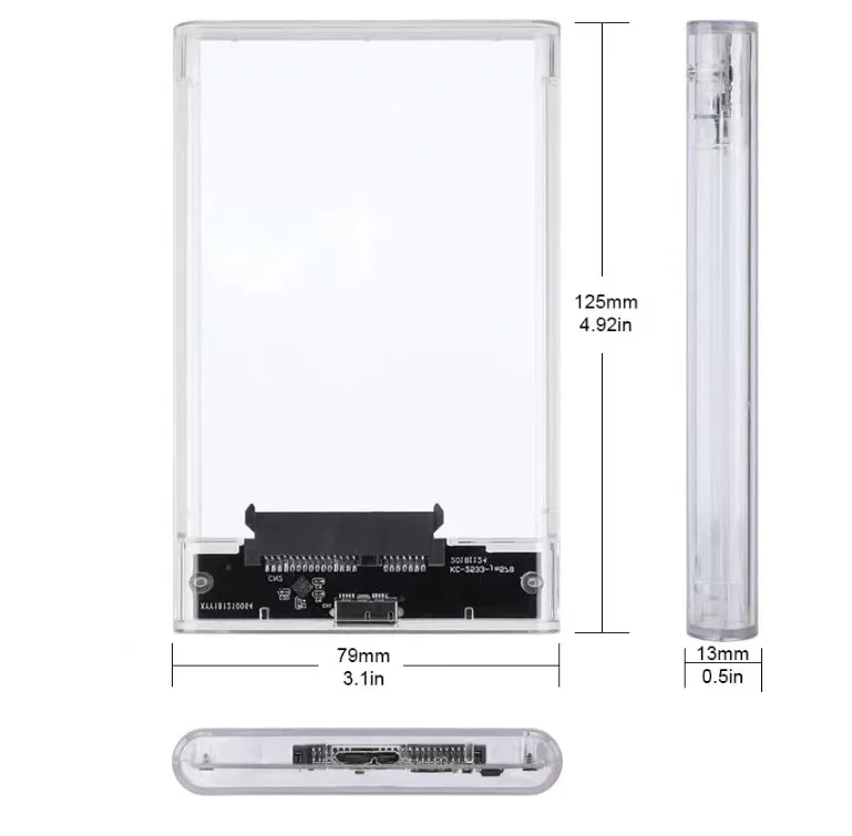 2.5 INCH USB 3.0 Push and pull sliding lid round edge transparent mobile hard drive enclosure