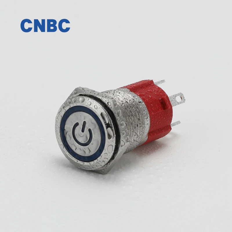 High Current 10A 16mm IP67 waterproof momentary self-locking 1NO led stainless steel metal push button switch with power symbol
