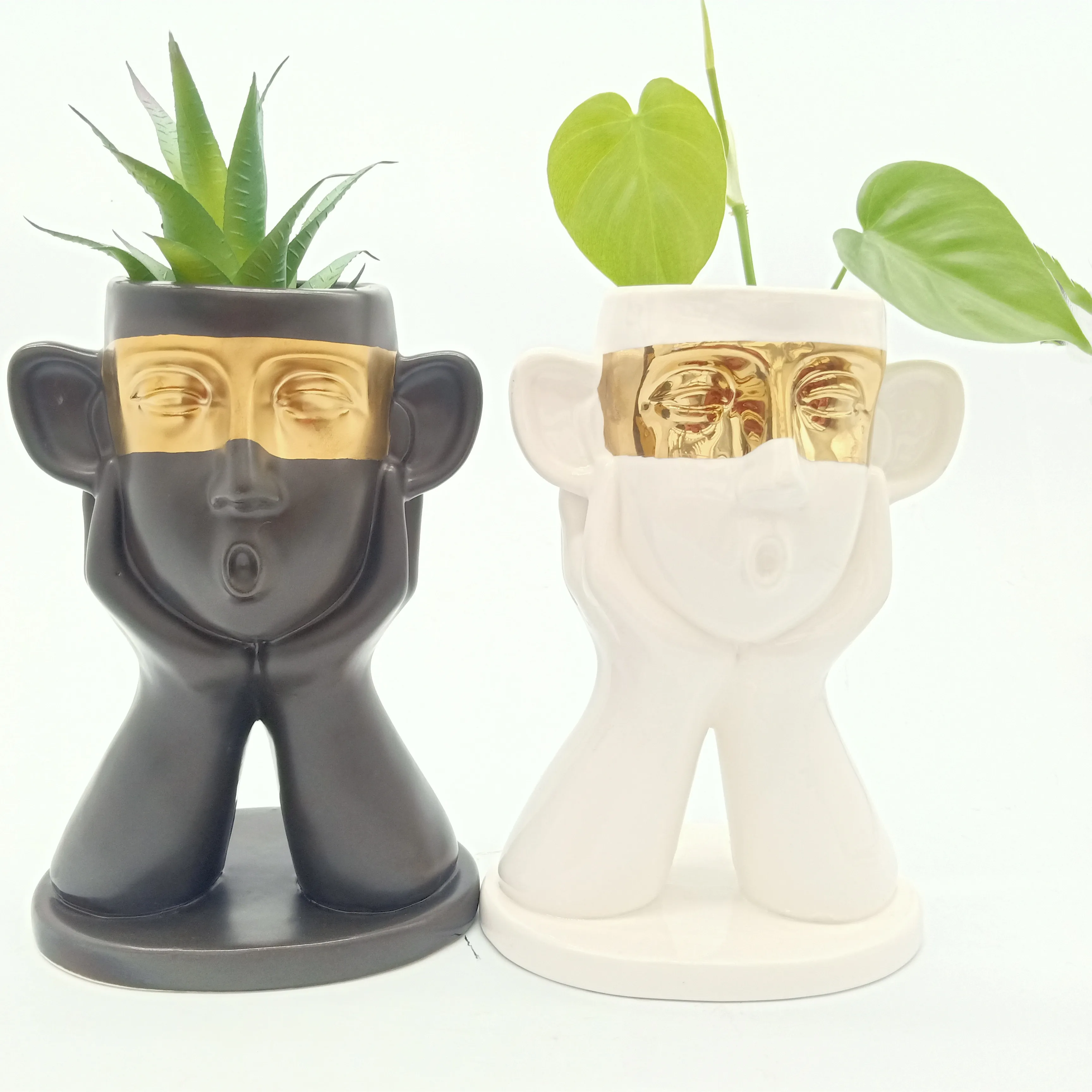 Home Decoration Creative Design Face Ceramic Flower Pot Wholesale Head Planter Pot Ceramic Succulent Planter with Drainage Hole