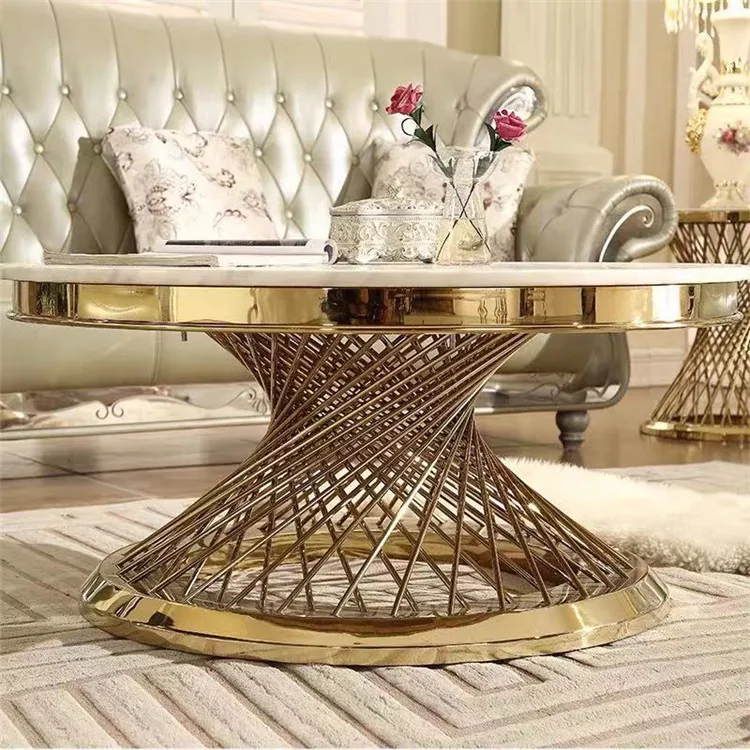 Living Room Furniture Modern Luxury Design Round Marble Top Center Table Stainless Steel Gold Frame Coffee Table