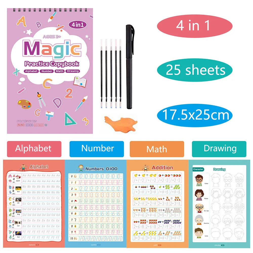 2022 Hot Sell 4 in 1 Large A4 Size Sank Magic Practice Copybook Reusable Magic Copybook Set With CPC Certification