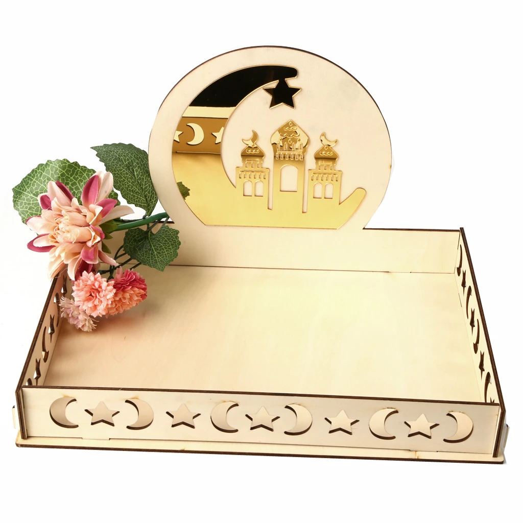 
Muslim Islamic Wooden Eid Party Food Serving Tableware Tray Ramadan Eid Mubarak Decoration 
