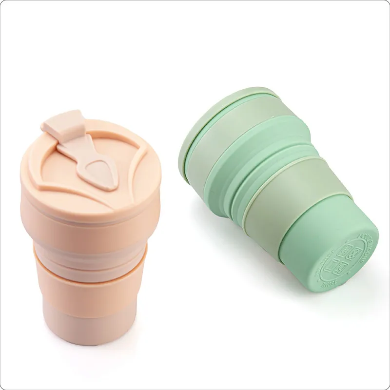 Customize 350ml Portable Eco Friendly Collapsible Travel Drinking Coffee Mug Silicone Foldable Coffee Mug Cup With Lid