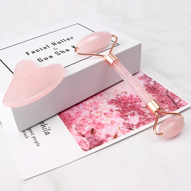  custom private label box 100% natural stone pink rose quartz gua sha tools set and facial massage jade roller with