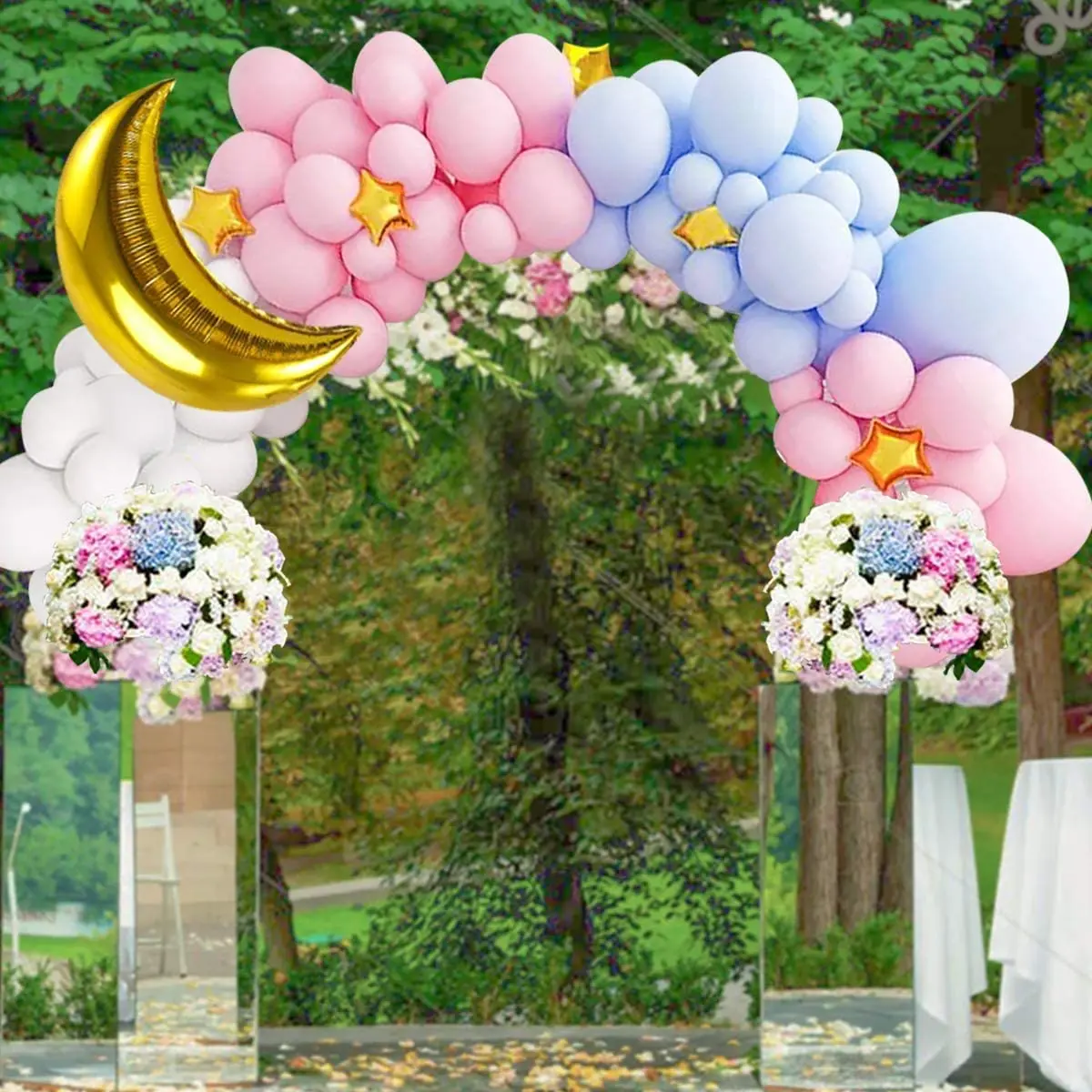 120PCs Balloon Garland Arch Kit Including Pink Blue White Balloons Gold Foil Stars Moon Party Decorations for Baby Shower