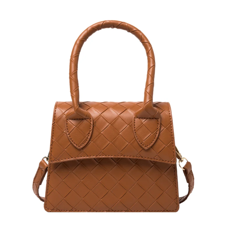 
New pure color texture crossbody bag women PU leather mini handbags fashion girls grid woven handbag 