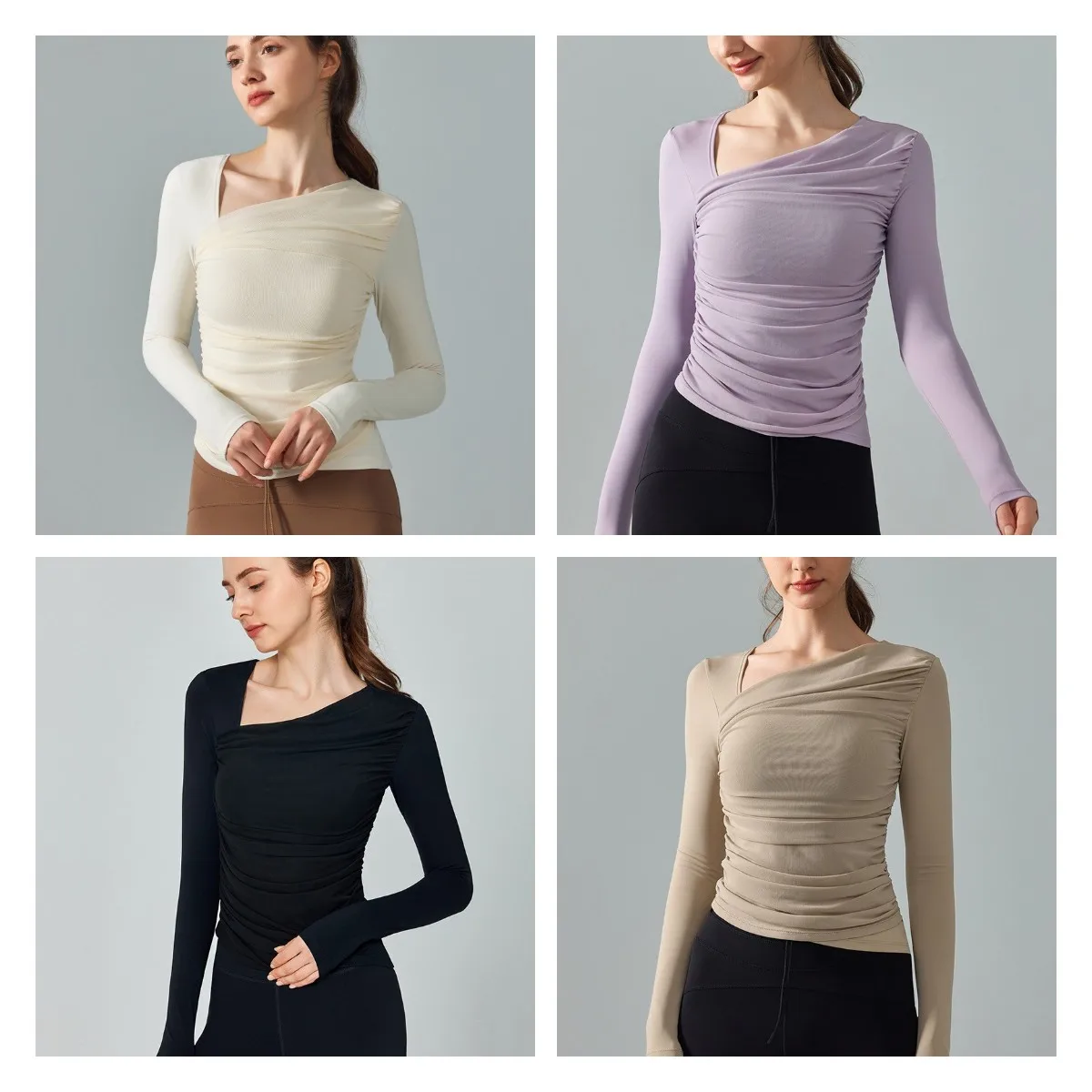 YISHENHON New Diagonal Collar Yoga Long Sleeve T-shirt Gauze Patchwork Sports Top Slimming Fitness Top With Chest Pad Fashion