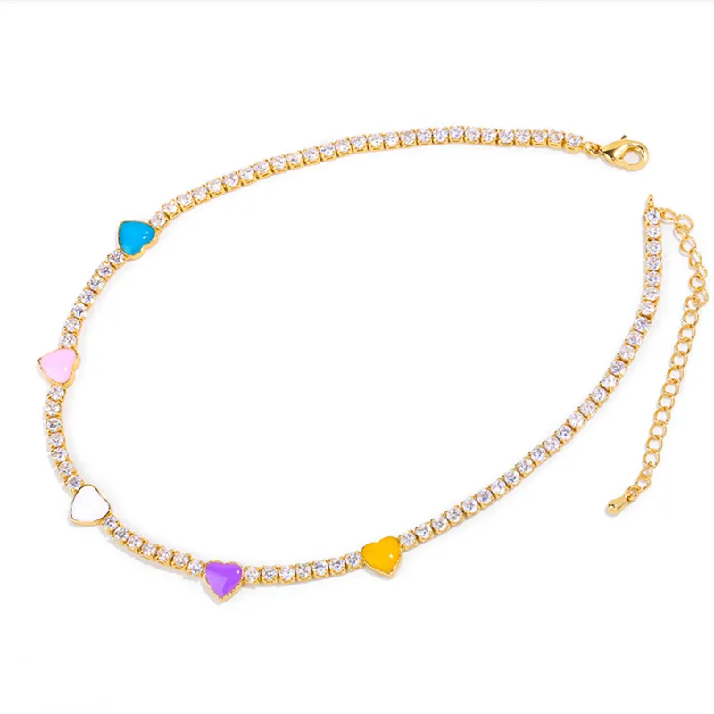 Red pink white enamel lovely heart charm rainbow cubic zirconia tennis chain choker trendy necklace fashion jewelry