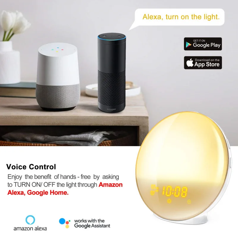 
App Wifi voice control wake up light 7 Colors Night Light alarm clock with radio 