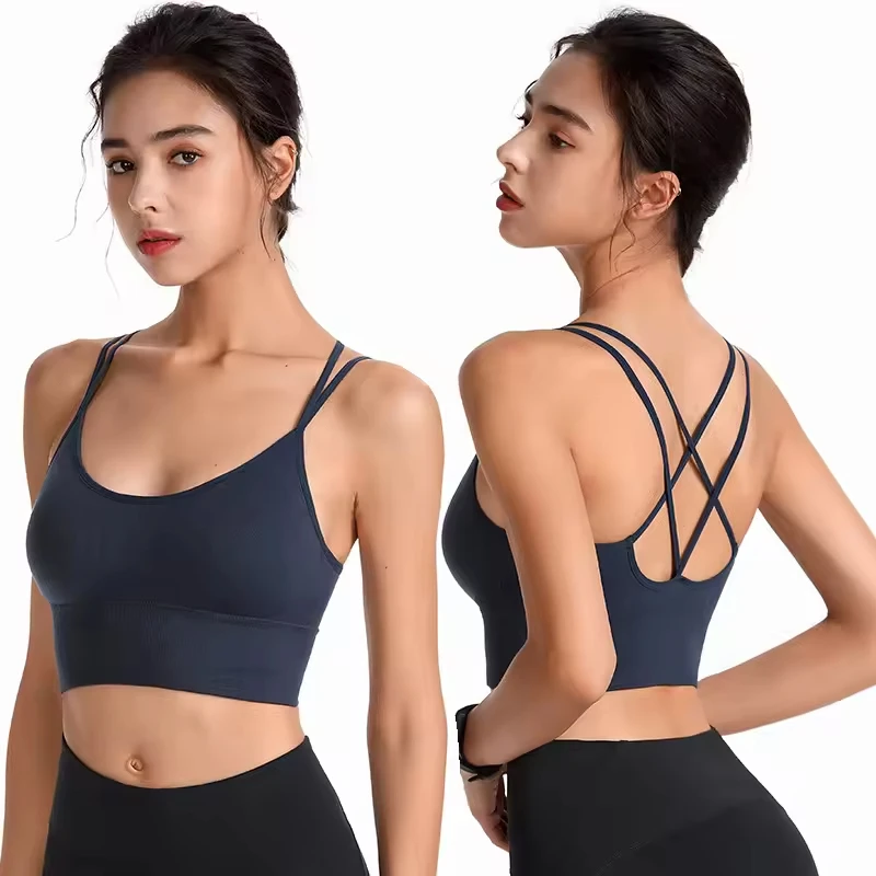 Padded Ladies Strap Cross Back Yoga Seamless Solid Sports Bra Crisscross Back Underwear Cross-back Top Bra U-shaped Neckline