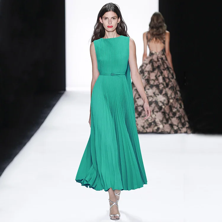 
2021 Spring Round O Neck Sleeveless Lace Up Waist Full Body Pleated Cloak Long Dress 