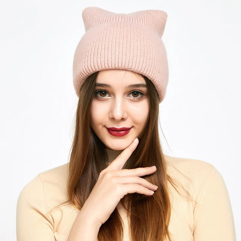 FYB beanie manufacturer custom logo blank acrylic knit beanie with ears cute cat ear beanie women