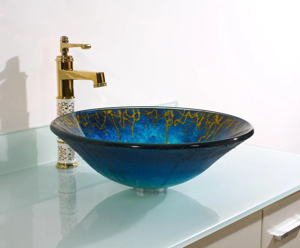 New Modern Design Black Gold Tree Art Series Glass Vanity Wash Basin