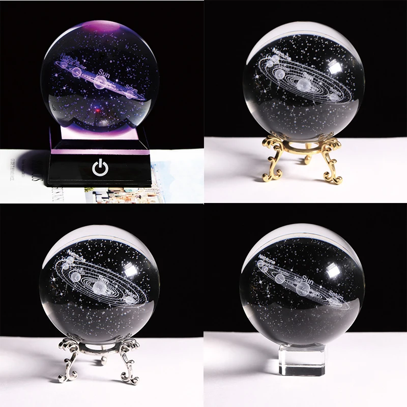 Crystal Solar System Planet Globe 3D Laser Engraved Sun System Ball with Touch Switch LED Light Base Astronomy Gifts