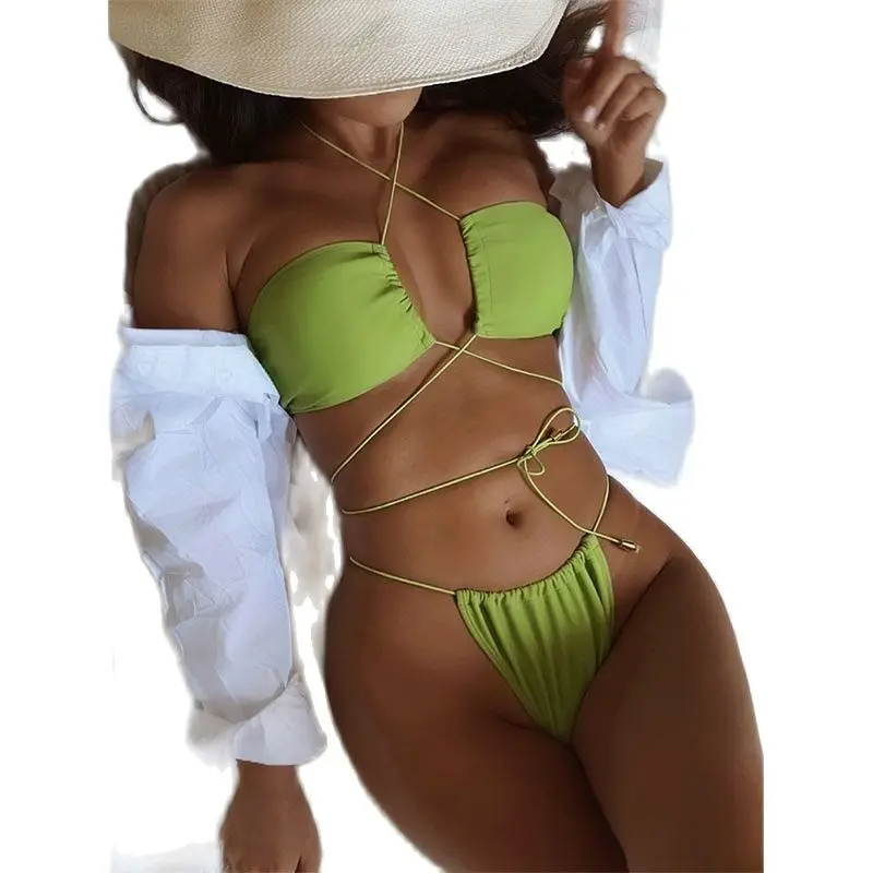 Private Label 2022 Green Cheeky Swimming Suit For Women Two Piece Bikini Set Push Swimwear Drop Shipping