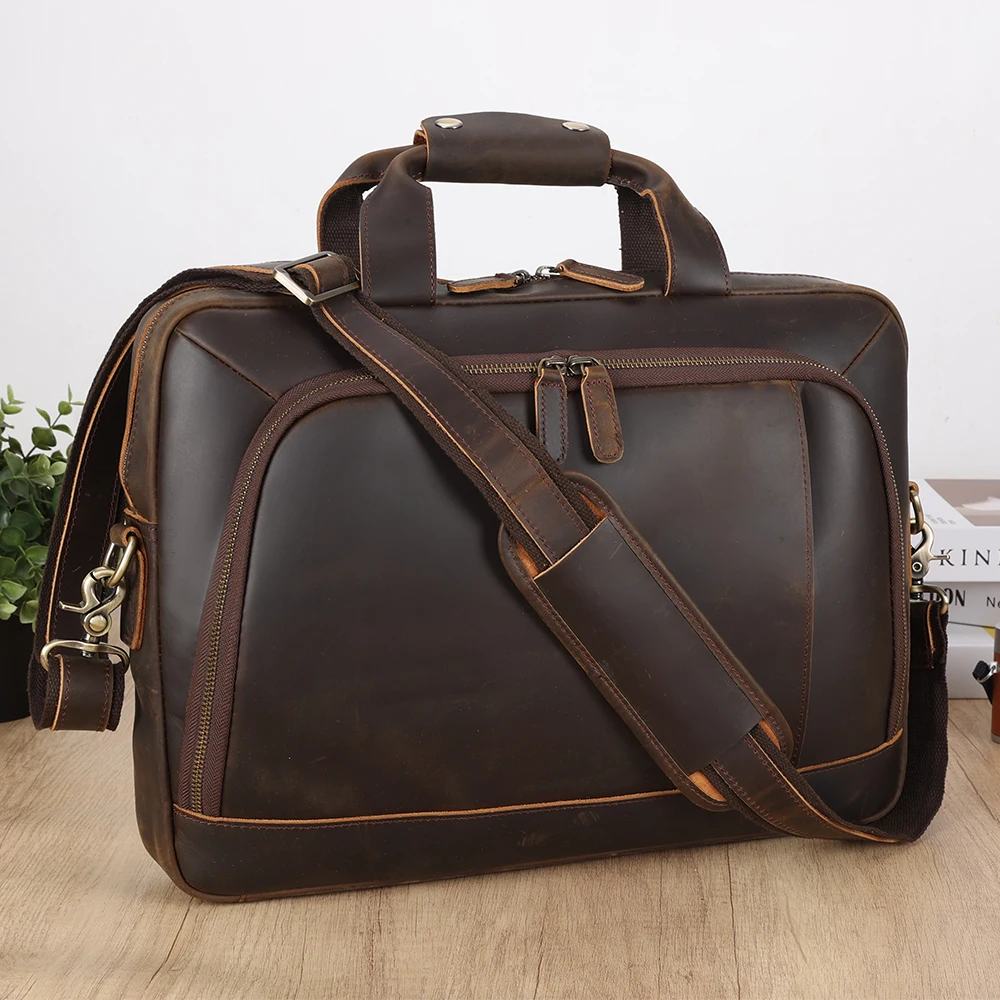 New Arrival Crazy Horse Leather Cowhide Briefcase Messenger Business Portfolio Bag Men Genuine Leather Laptop Briefcases for Men