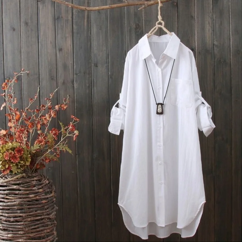 Custom Cotton Polyester Chiffon Blouse Shirts Logo Long White Shirts  casual poplin tops and blouse Cardigan shirts for women