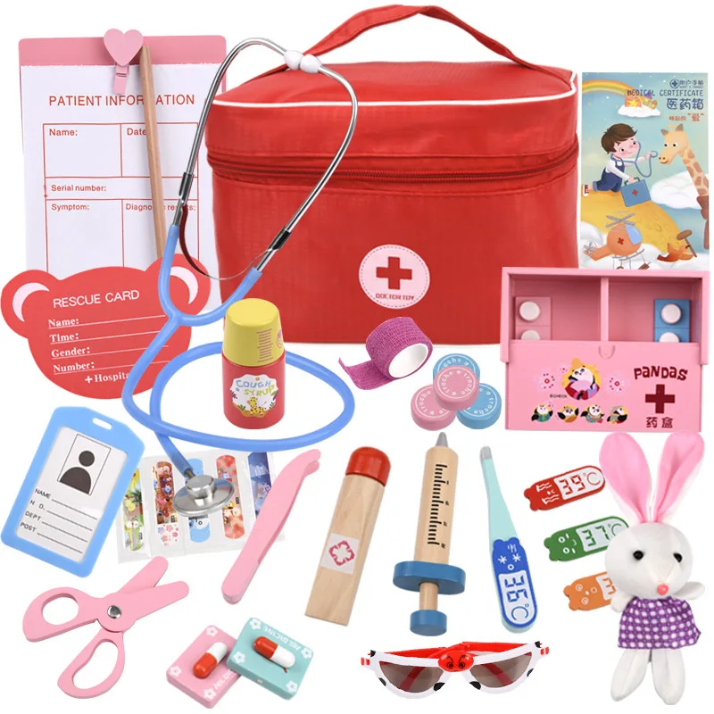 Kids Wooden Educational Pretend Toy Doctor Kit Dentist Kit Role Play Medical Toy Set for Toddler Boys and Girls