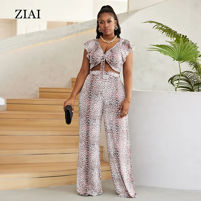 Large size two-piece leopard print European and American wrap-chest wide-leg pants suit