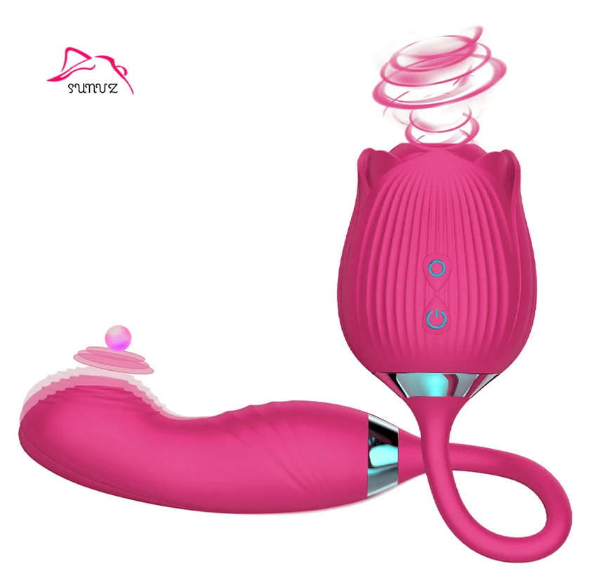 Waterproof Adult Silicone Rose Shaped 2 In 1 Clit Sucker Rose Sex Toys Clitoral Sucking Vibrating Dildo Rose Vibrator For Woman