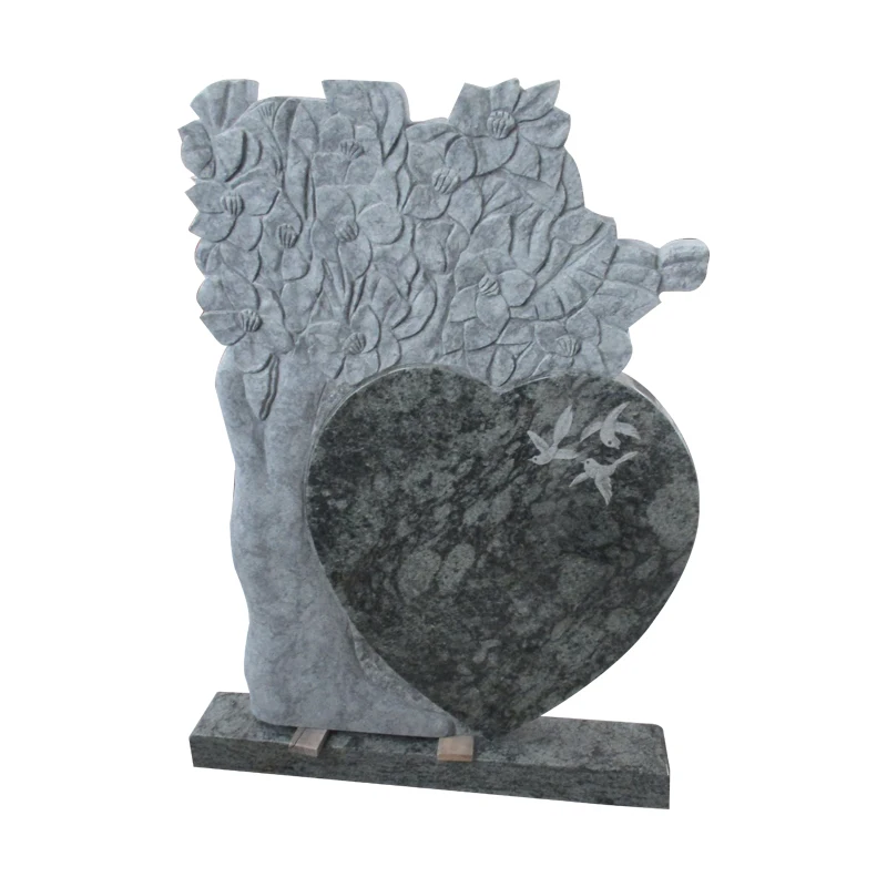 European Headstone Polished Olive Green Granite Tree And Heart Headstone With Dove Carving