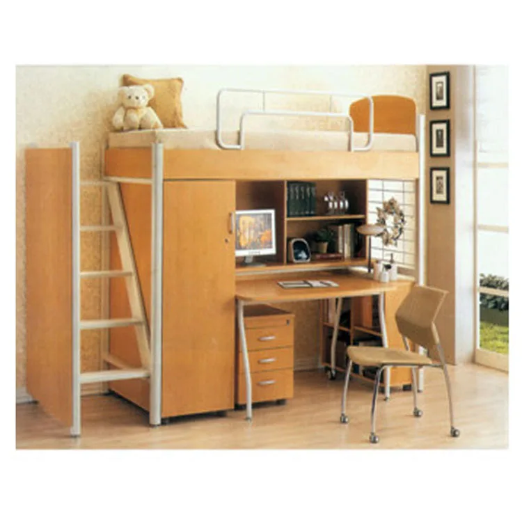 Good Selling Colorful Wood school dormitory double children bunk bed with desk wardrobe