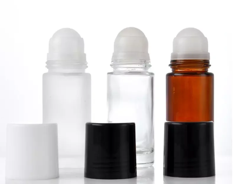 Wholesale empty round shape back lid clear frosted amber color glass essential oil roller bottle 50ml