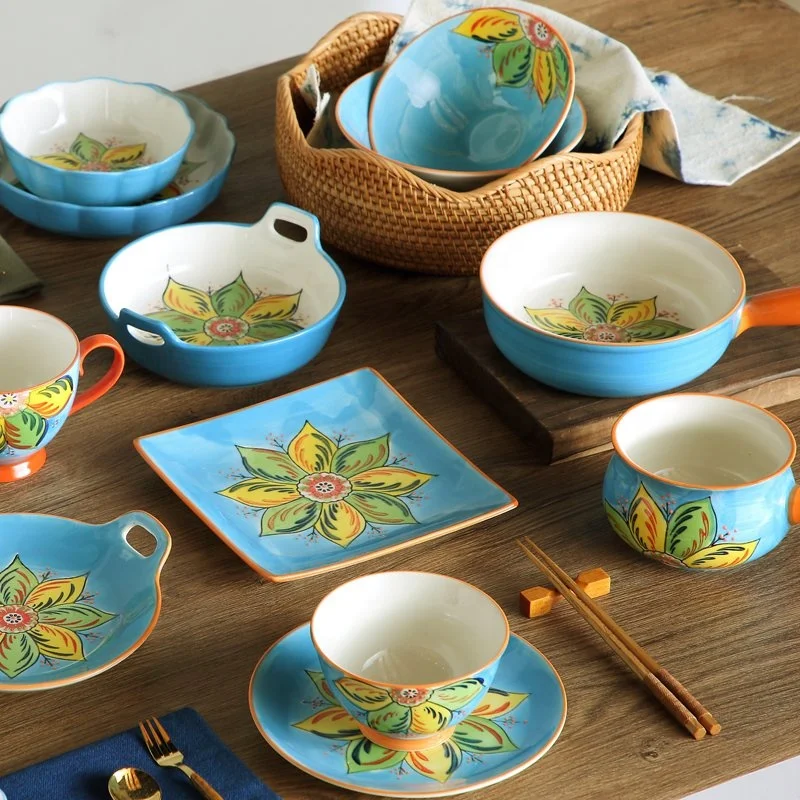 Amazon High Quality porcelain dinner sets Handpainted 9 pcs plates sets dinnerware luxury
