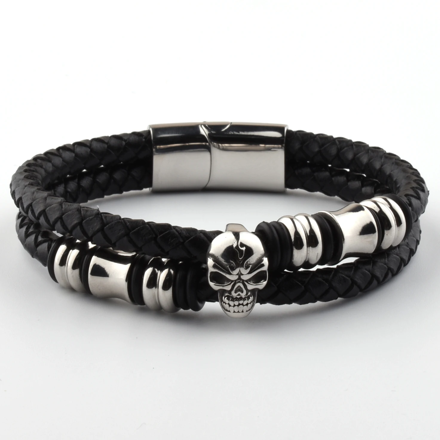 Hot Sale Item Interesting Stainless Steel Skull Silver lated Truth Leather Amega Magnetic Truth Leather Bracelet