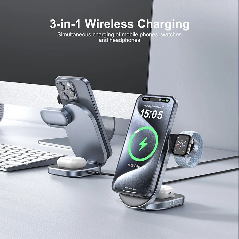 Custom fashion home qi2 wireless charger, mobile phone watch headset 3-in-1 digital wireless charger