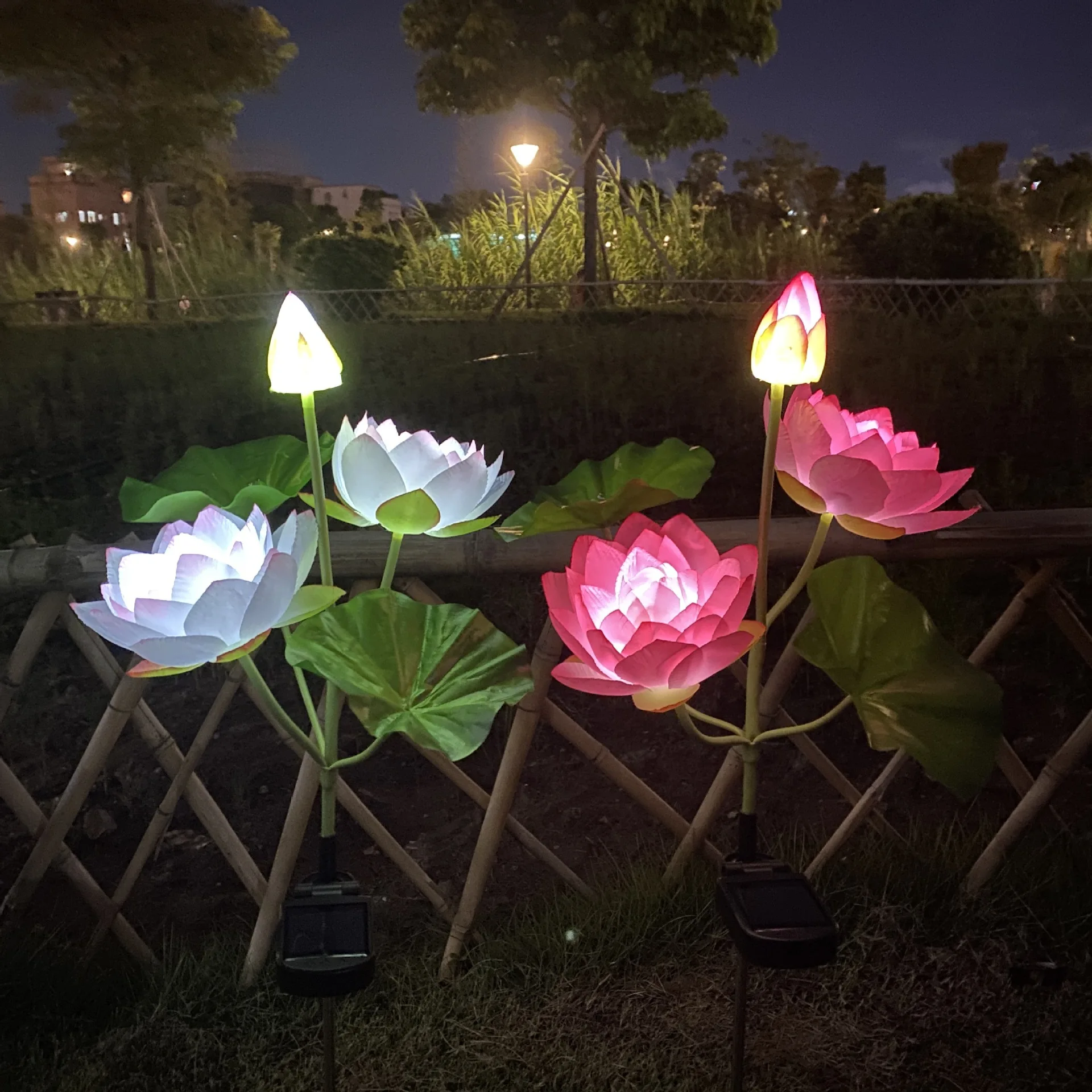 Park decoration lawn garden LED Lighted Artificial Flower Pot 3 heads Flower Lamp Solar Lotus Flower Light for Buddha Temple