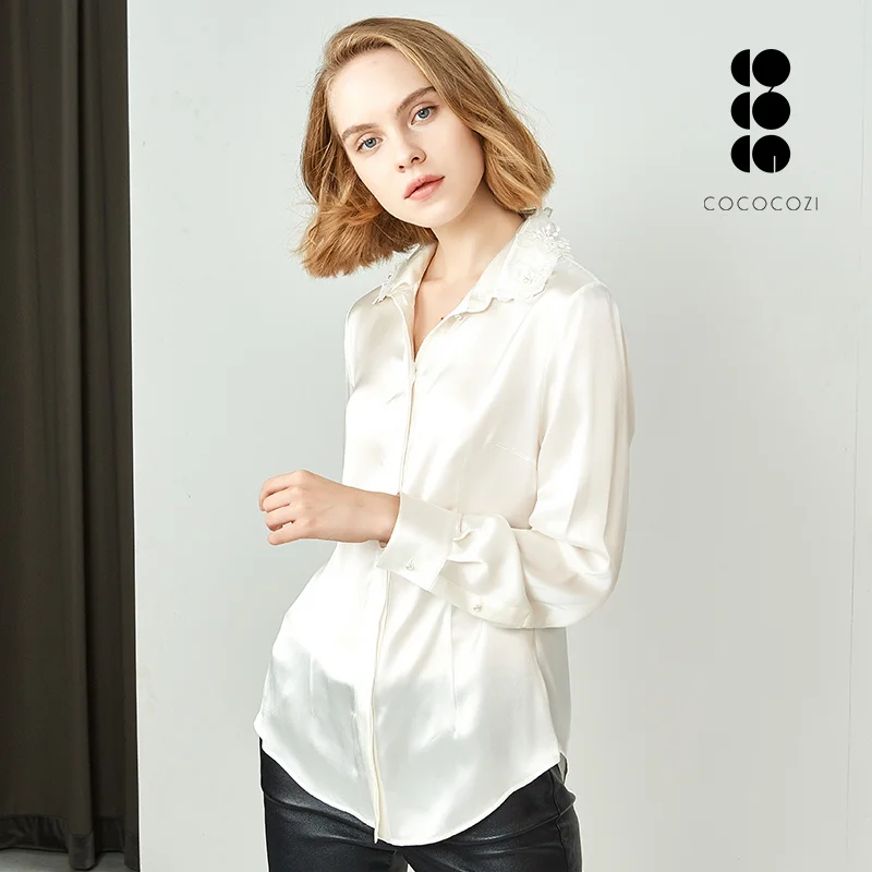 
New style lace embroidery shirt 100% silk long sleeve white silk blouses for women 
