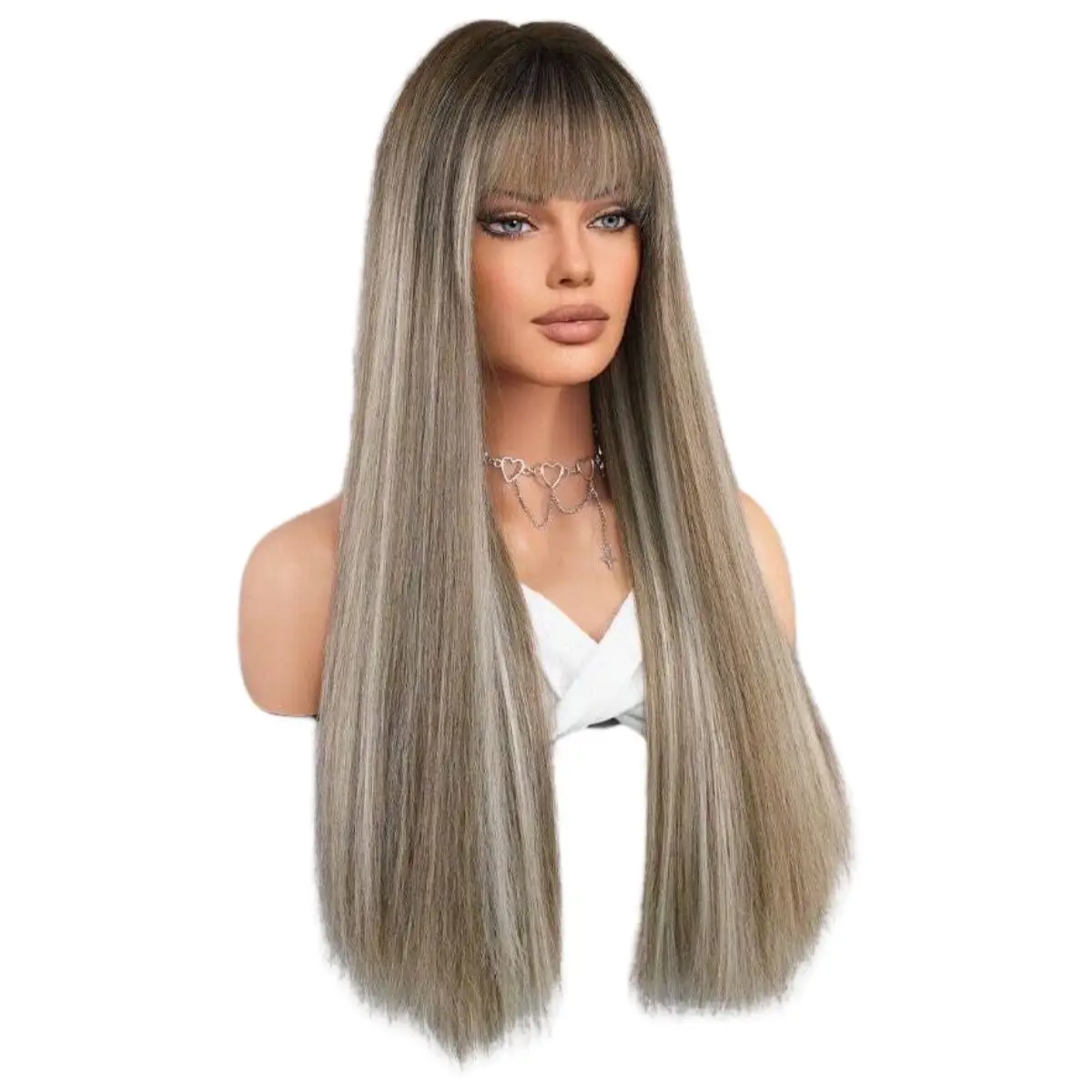 Anxin fashion Long Straight Highlight Blonde Grey Heat Resistant Fiber Wigs