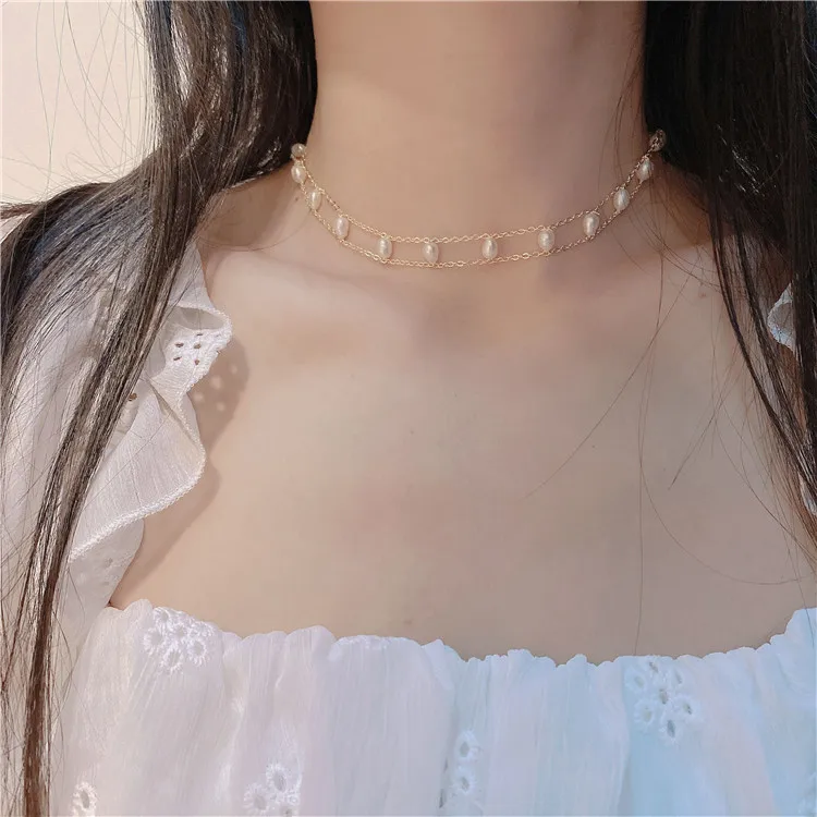 QiuHan Dainty Double Layer Girls Necklace and Bracelet Freshwater Pearl Jewelry Set for Gift Party