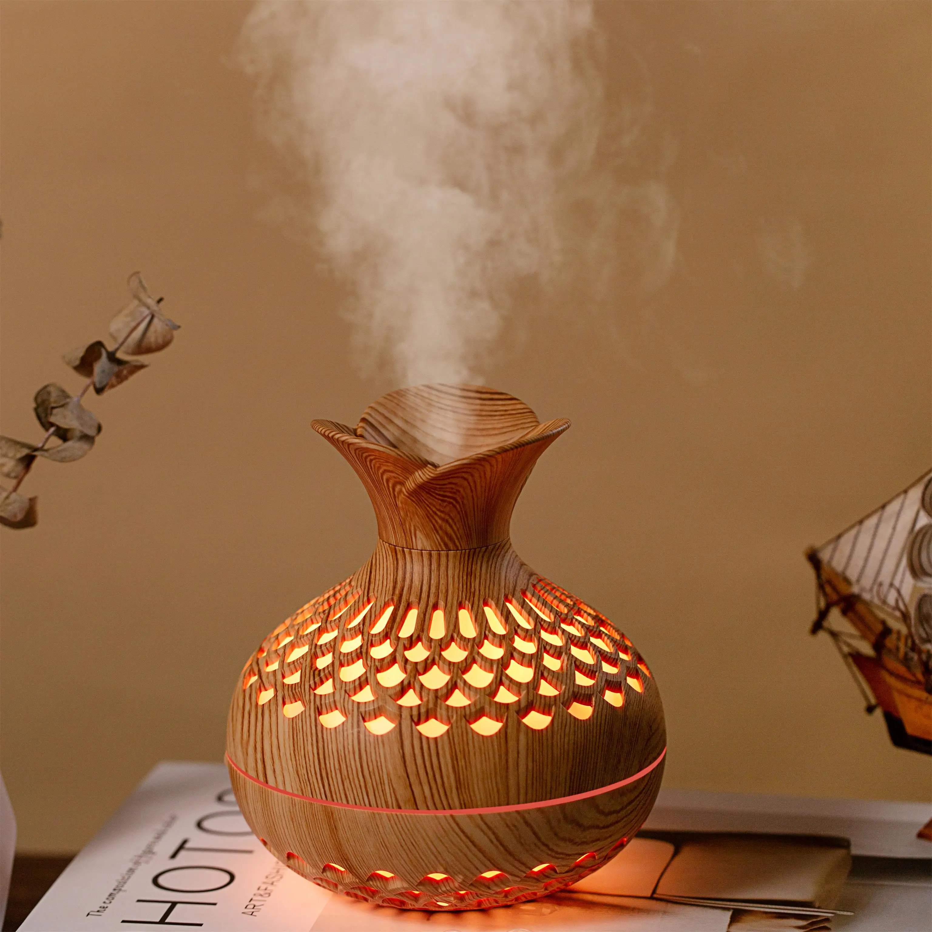 New Flower Humidifiers Wooden USB Rechargeable Home Office Desktop Portable Essential Air Flower Humidifiers Diffuser