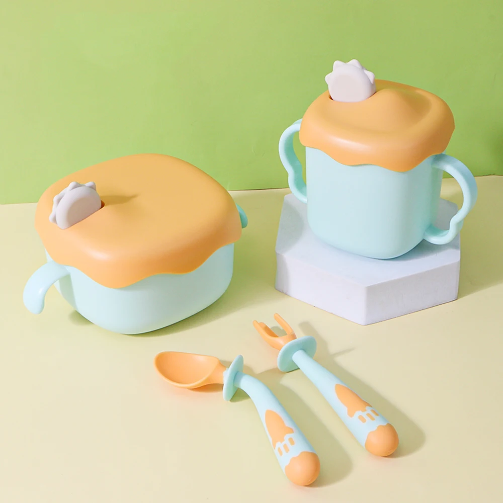 Non Toxic BPA Free PP Dinnerware Kid Cutlery Feeding Tableware Kit Food Bowl Training Sippy Cup Spoon And Fork Set For Baby