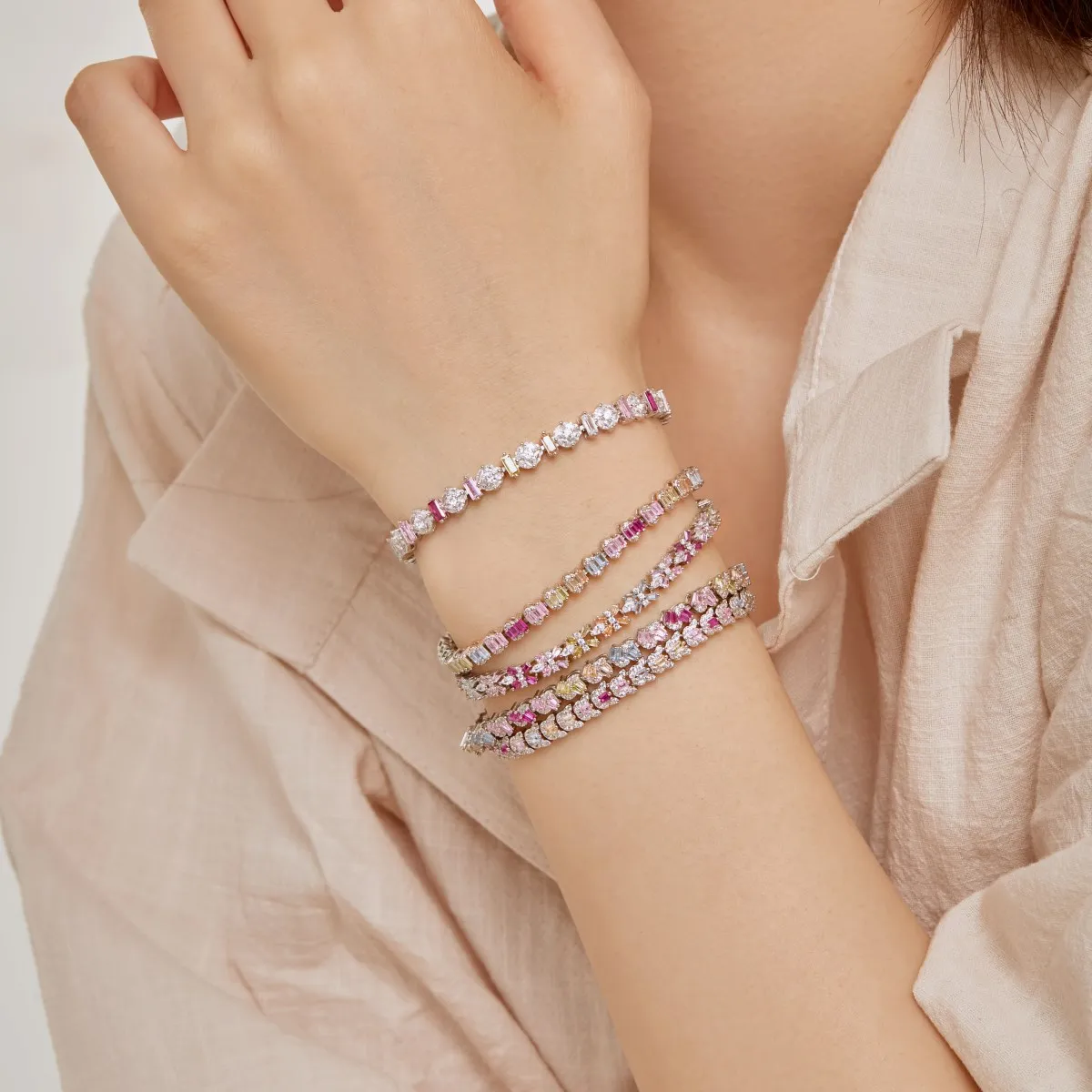 Dylam Factory Wholesale New Pink Stone Tennis Bracelet Chain Cz Eternity Band Rainbow Cubic Zirconia 925 Silver Bracelets Women