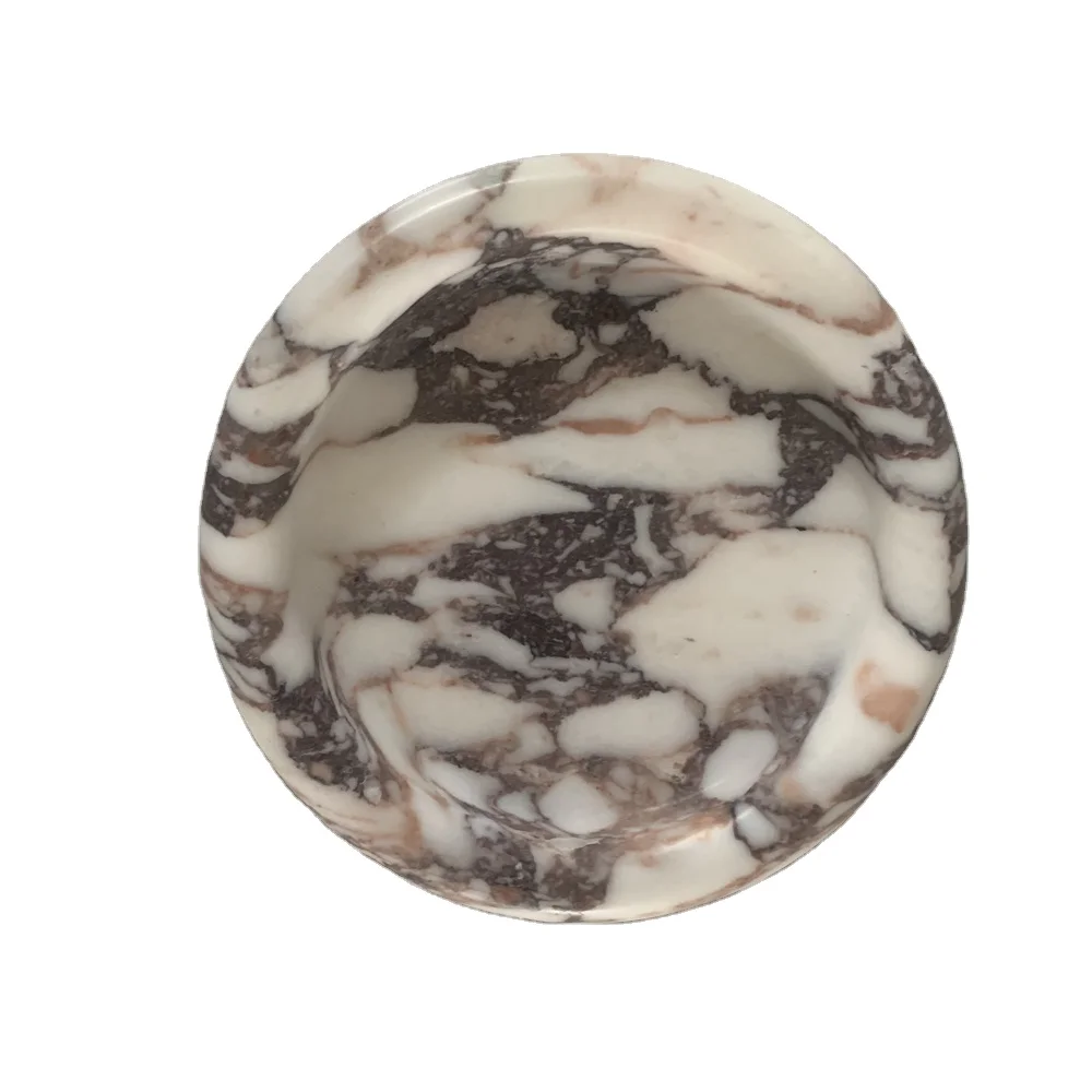 Gorgeous Hand Carved Round Viola Calacatta Marble Stone Tray With Bullnose