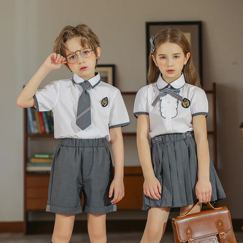 Wholesale elementary school uniform kids shirts girls pleated skirt boys shorts summer school uniform set
