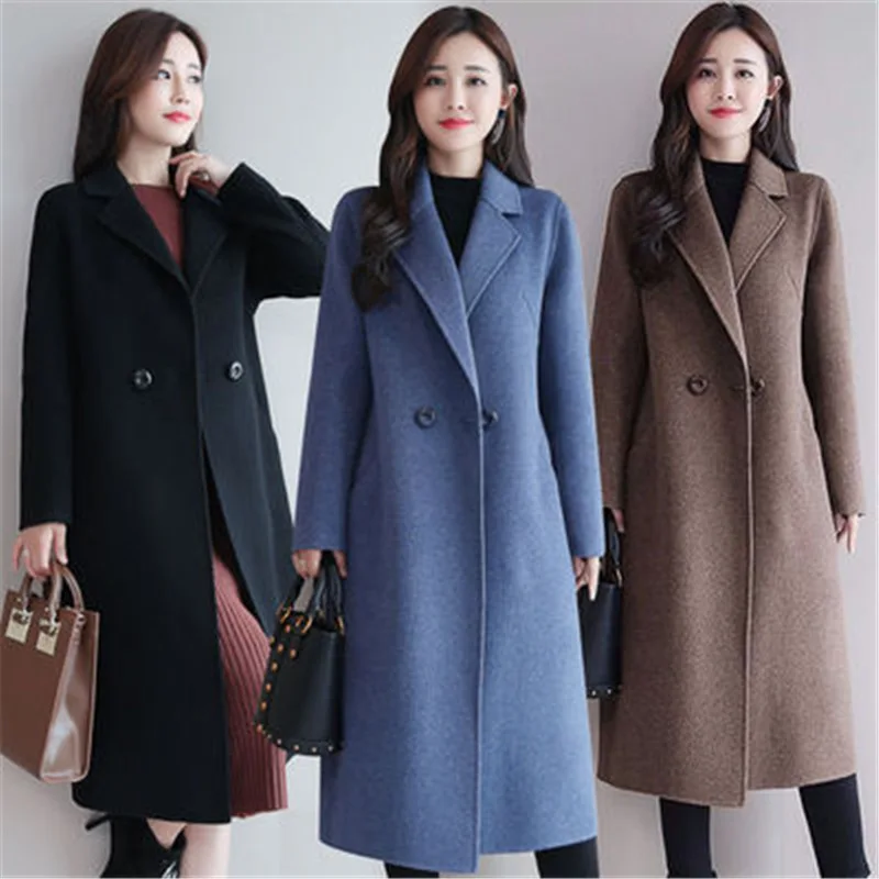 Wholesale Women Autumn Winter Woolen Long Coat Lapel Solid Color Korean Style Button Cardigan Ladies Elegant Woolen Coat