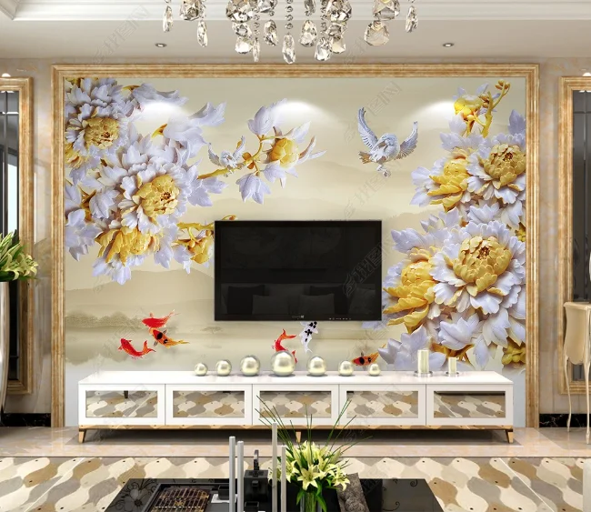 3D wallpaper 3D corridor peony lotus TV living room background wall