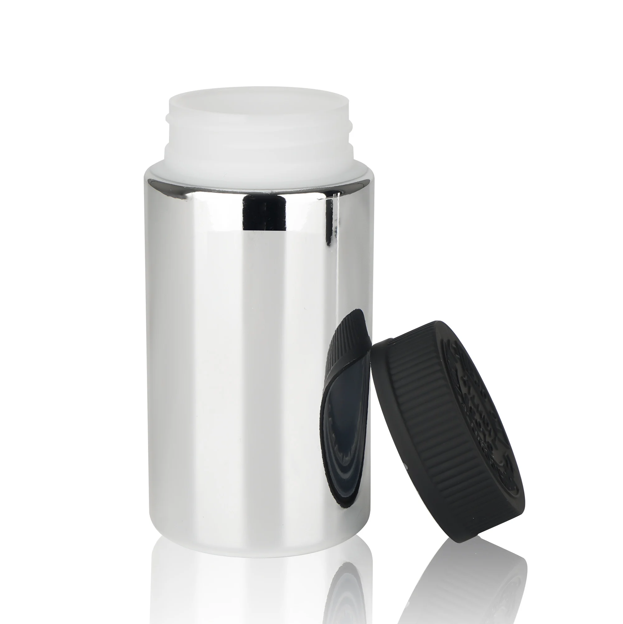 Costom 30ml 50ml 100ml silver chormed plastic pill bottle capsule bottle with aluminum lid