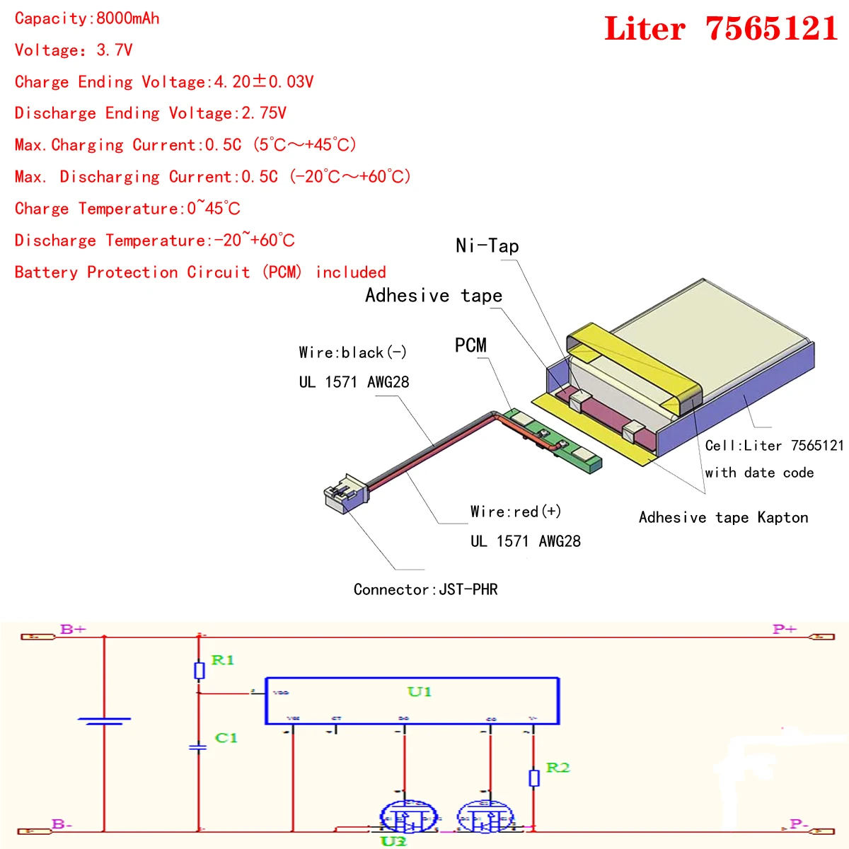 3.7v 7565121 8000mah lithium polymer battery for power bank With 2pin PH 2.0mm connector
