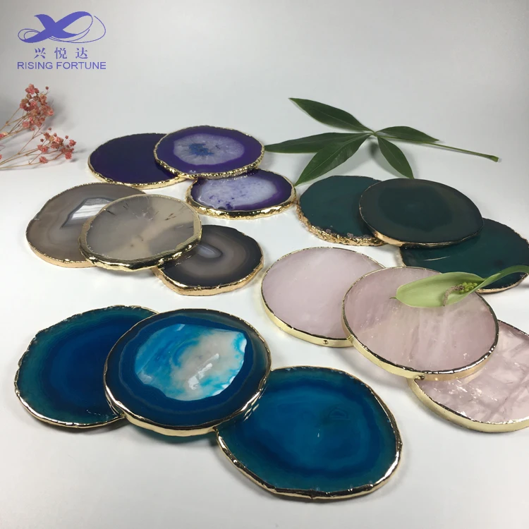 Best selling natural agate coasters  with gold rim natural agate slices with gold rim blue agate coaster