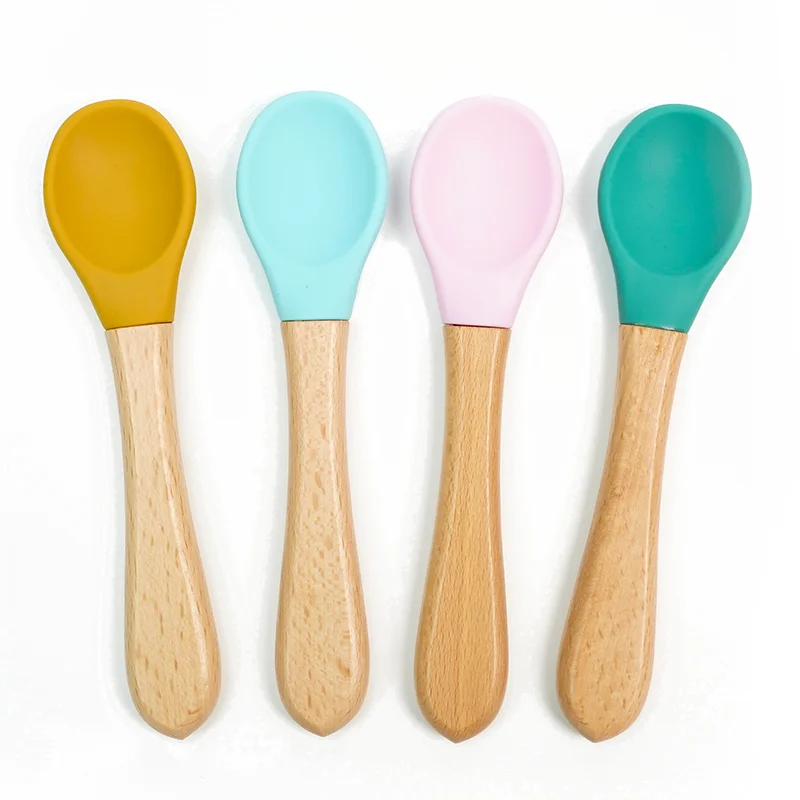 Hot Sale Can Be Custom Color Bamboo and Food Grade Silicone Baby Feeding Spoon