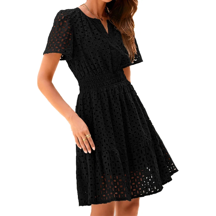 Womens Summer Short Dress V Neck Short Sleeve A Line Hollow Out Lace Ruffle Cute Casual Beach Party Dresses